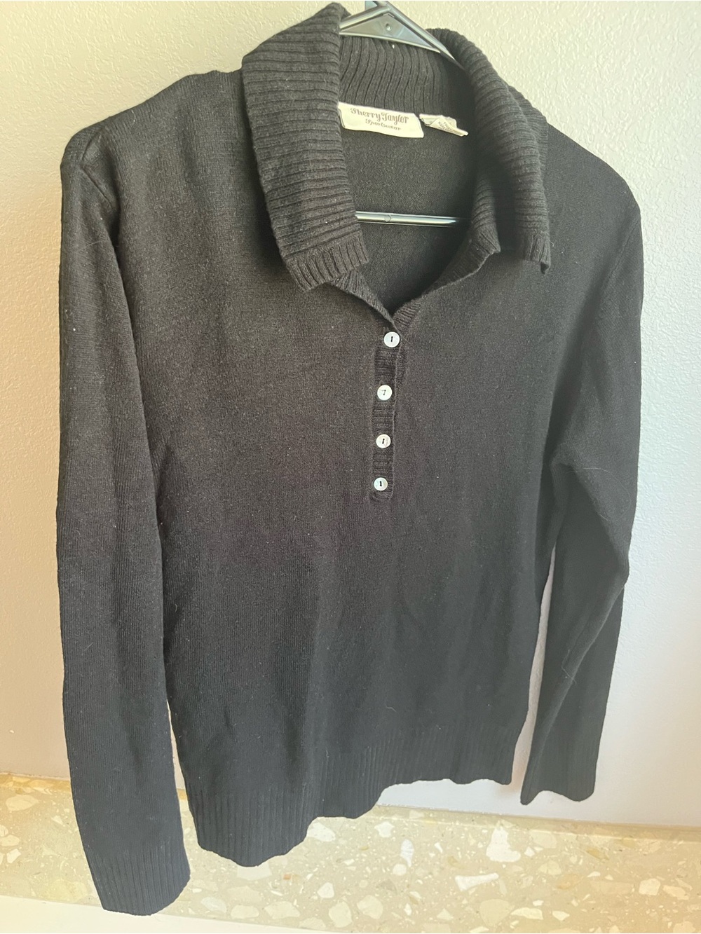Sherry Taylor Black Collared Button Front Sweater Large Classic Knit